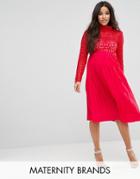 Little Mistress Maternity Premium Lace Pleated Midi Dress - Red