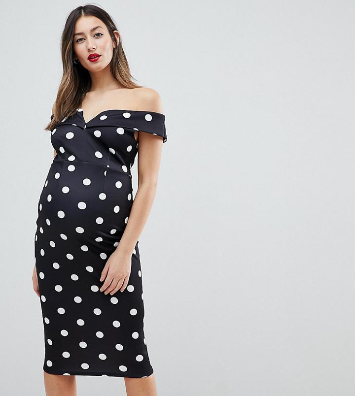 Asos Design Maternity Exclusive Scuba Bardot Dress With Pephem In Mono Spot - Multi
