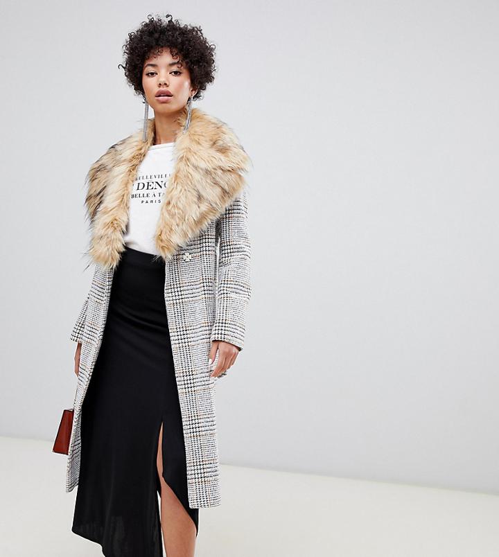River Island Longline Tailored Coat With Faux Fur Trim In Check - Cream