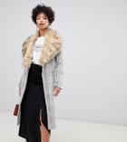 River Island Longline Tailored Coat With Faux Fur Trim In Check - Cream