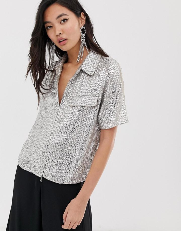 River Island Collared Shirt With Sequins In Silver