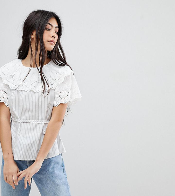 Fashion Union Petite Top In Stripe With Broderie Collar And Sleeves - Blue