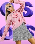 Asos Design Sweater With Smile Face Pattern In Pink