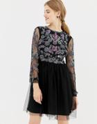 Frock & Frill Long Sleeve Embellished Skater Dress With Open Back-black