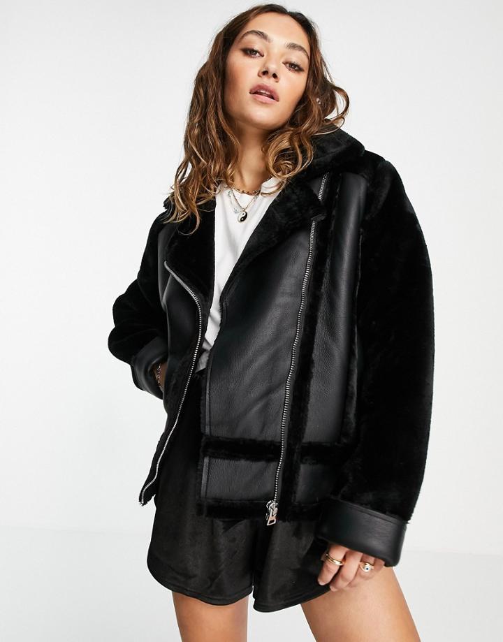 Topshop Faux Leather Fur Trim Moto Jacket In Black-brown