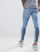 Asos Design Extreme Super Skinny Jeans In Light Wash With Checkerboard Print And Busted Knee - Blue