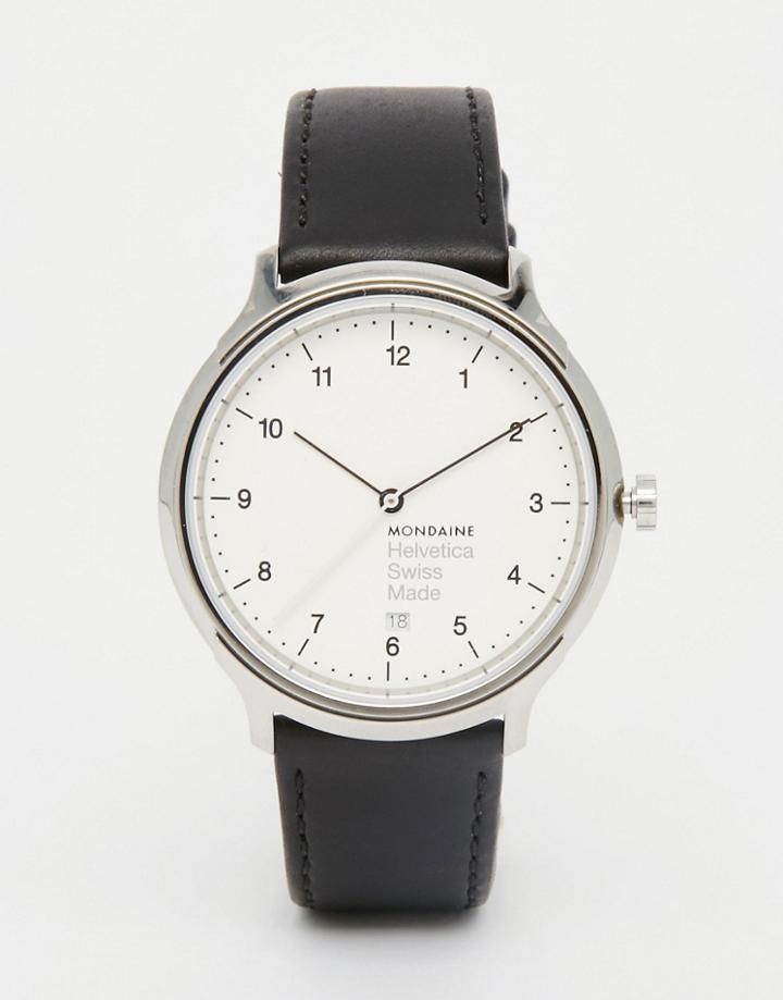 Mondaine Helvetica Bold Leather Watch In Black 40mm - Black
