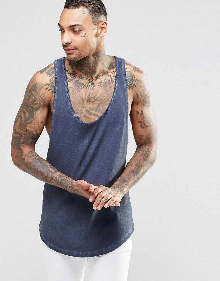 Asos Oil Wash Rib Tank With Extreme Racer Back In Navy - Navy