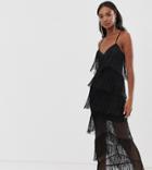 Asos Design Tall Fringe Mesh Strappy Maxi Bodycon Dress-black