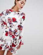 Parisian Floral Dress With Tie Waist And Sleeve Detail - White