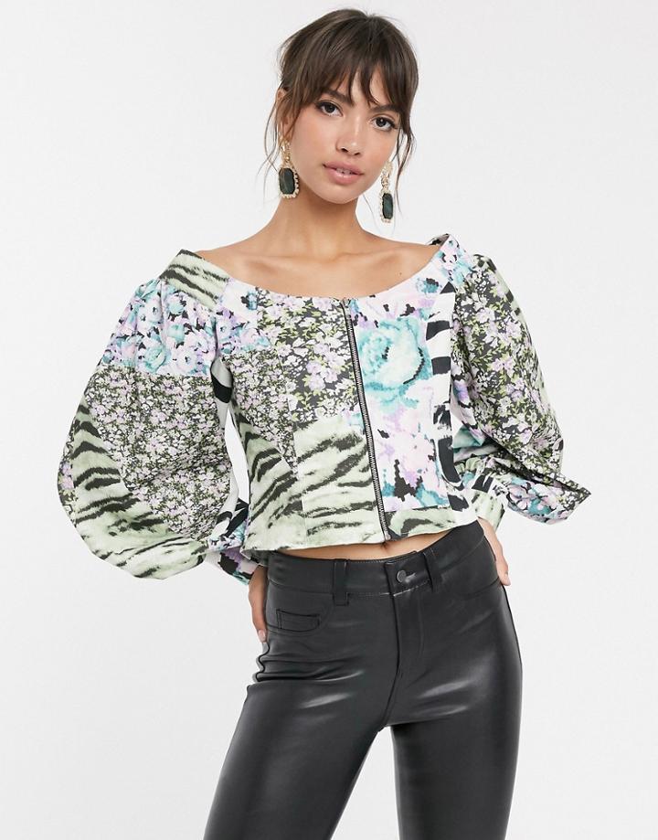 Asos Design Off Shoulder Top In Mixed Print - Multi