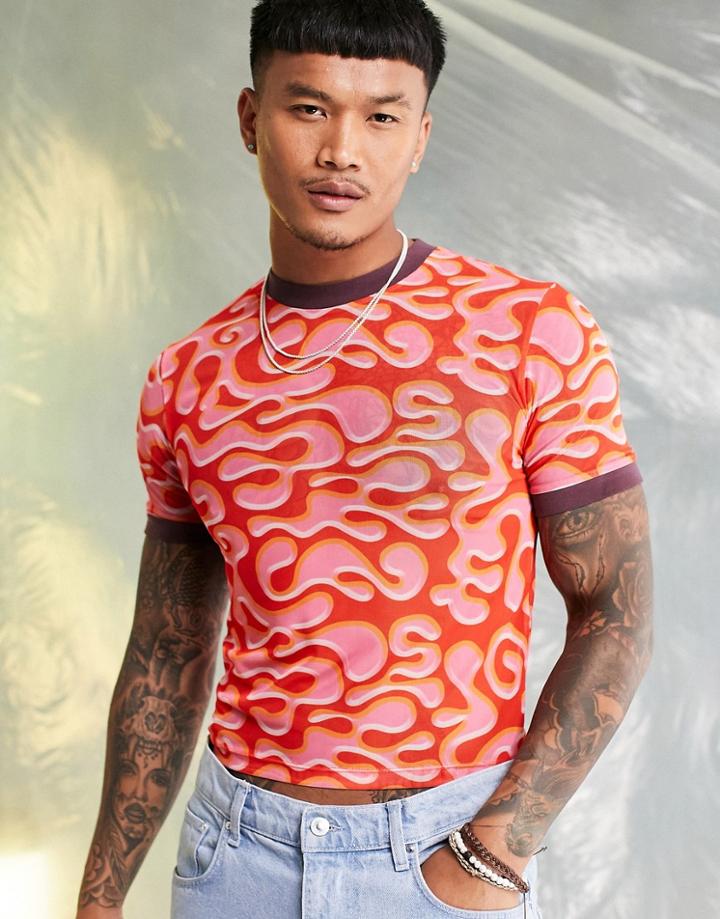 Asos Design Muscle T-shirt In Pink Printed Mesh
