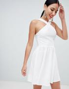 Asos Design Cross Neck Bandage Mini Skater Dress - White