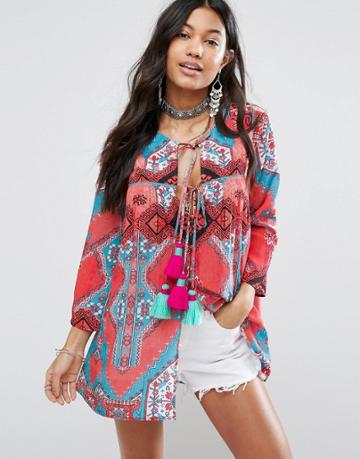 Island Stories Printed Beach Kimono With Tassels - Orange
