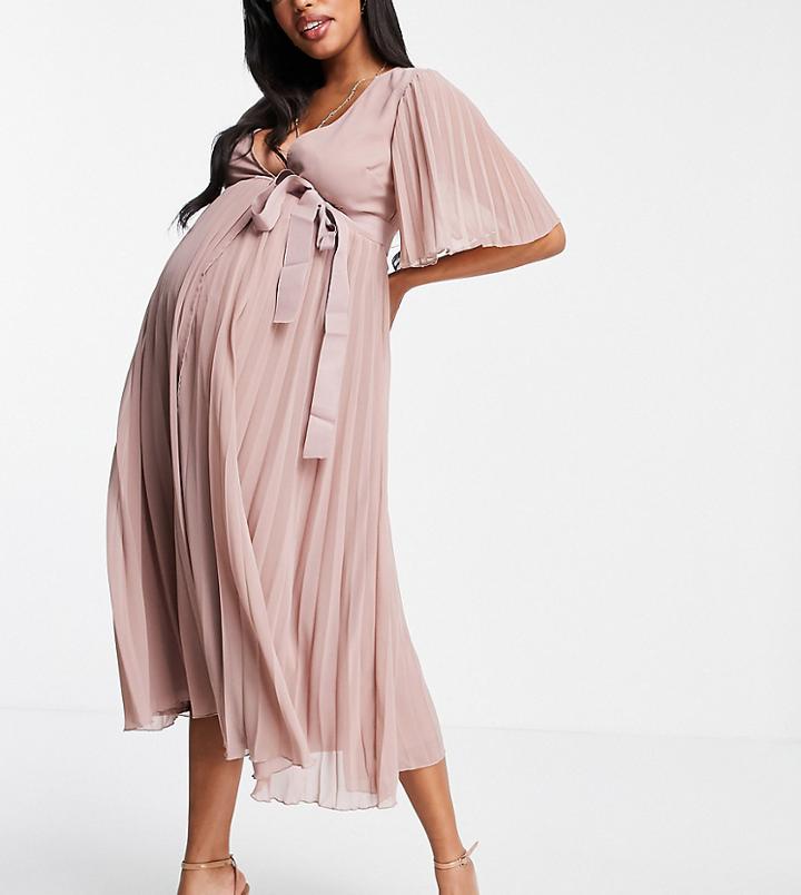 Asos Design Maternity Exclusive Pleated Midi Dress With Kimono Sleeve And Tie Waist-pink