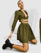 Asos Design Linen Skater Mini Shirt Dress With Open Tie Waist In Khaki-white