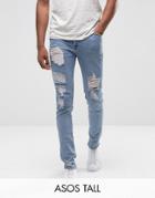 Asos Tall Skinny Jeans In Light Wash Blue Vintage With Heavy Rips And Repair - Blue