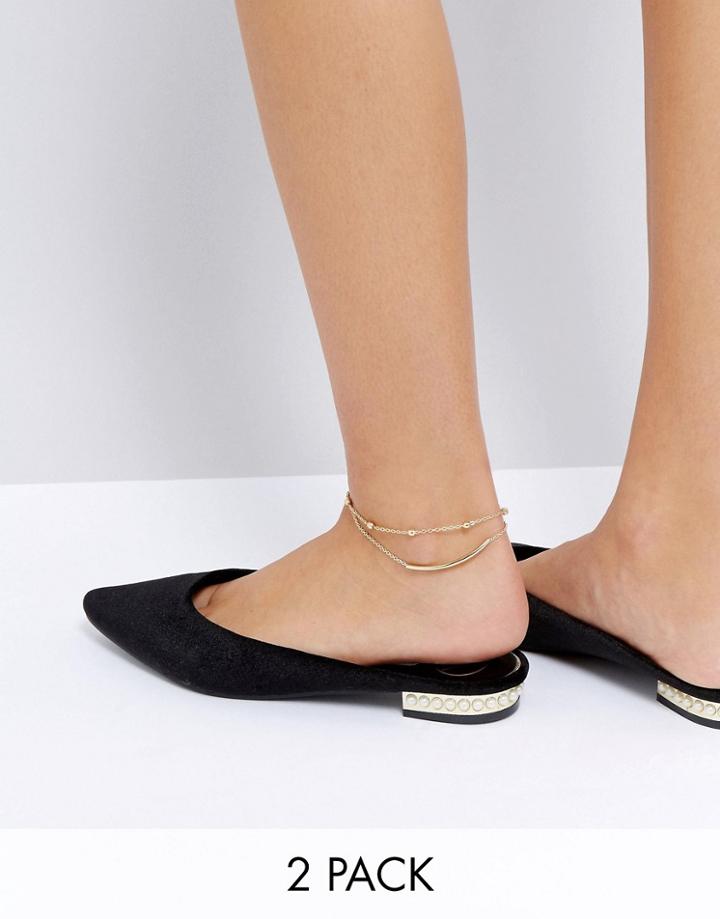 Asos Pack Of 2 Bar And Ball Chain Anklets - Gold