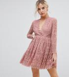 Asos Petite Long Sleeve Lace Mini Prom Dress - Pink