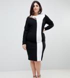 Asos Curve Color Block Midi Bodycon Dress With Asymmetric Sleeve And Lace Up Detail - Multi