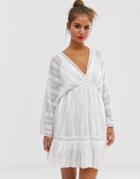 Asos Design Lace Insert Mini Smock Dress With Lace Up Detail - White