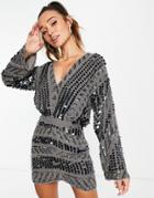 Asos Design Embellished Patchwork Mini Dress With Waist Detail In Silver