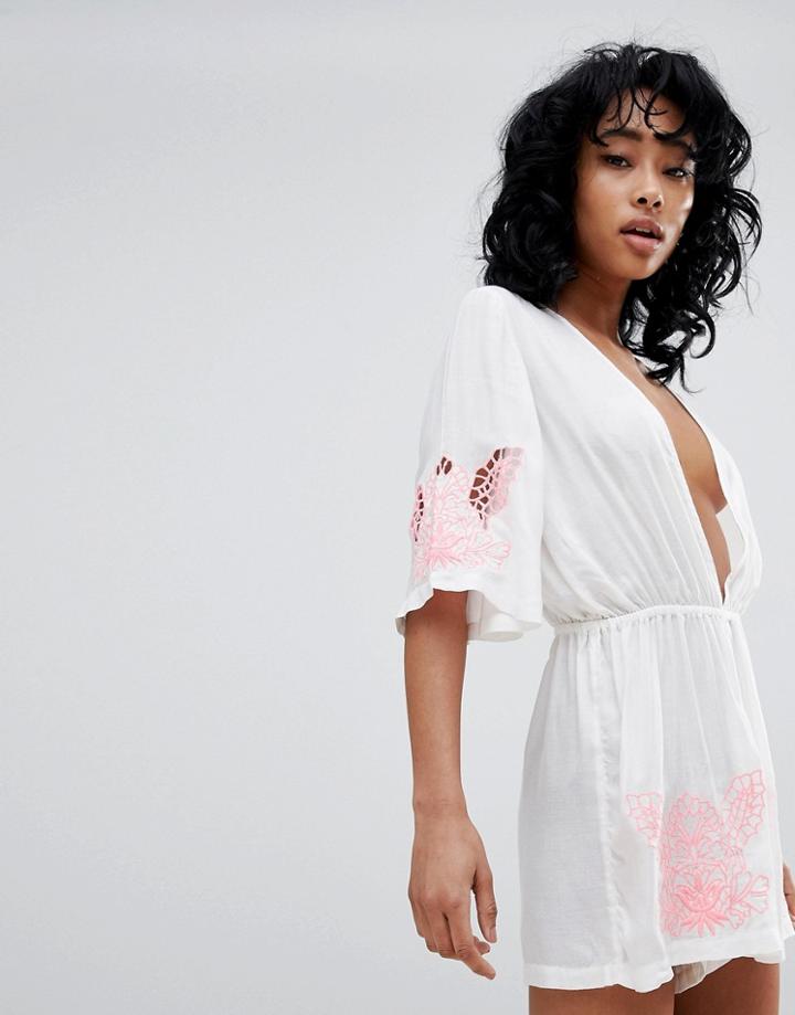 Asos Design Neon Cutwork Embroidered Kimono Beach Romper - White