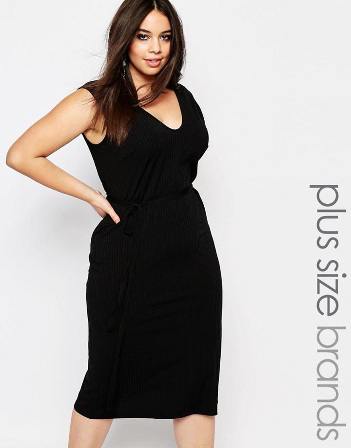 Club L Plus Esentials Midi Dress In Rib With Tie Waist - Black