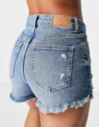 Bershka High Rise Denim Short With Ripped Hem In Medium Blue-blues