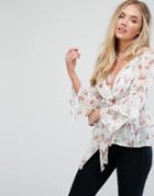 Influence Layered Sleeve Top With Tie Front - Cream