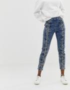 Asos Design Farleigh High Waisted Slim Mom Jeans In Acid Wash With Lace Up Front Detail-blue