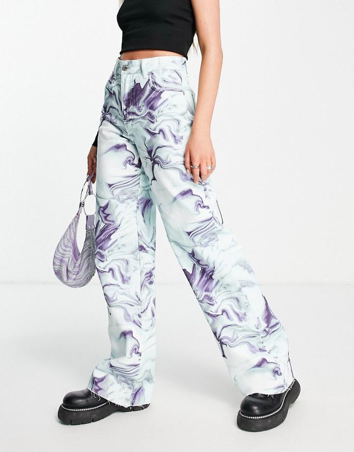 Stradivarius Printed Dad Jean In Blue Marble Print