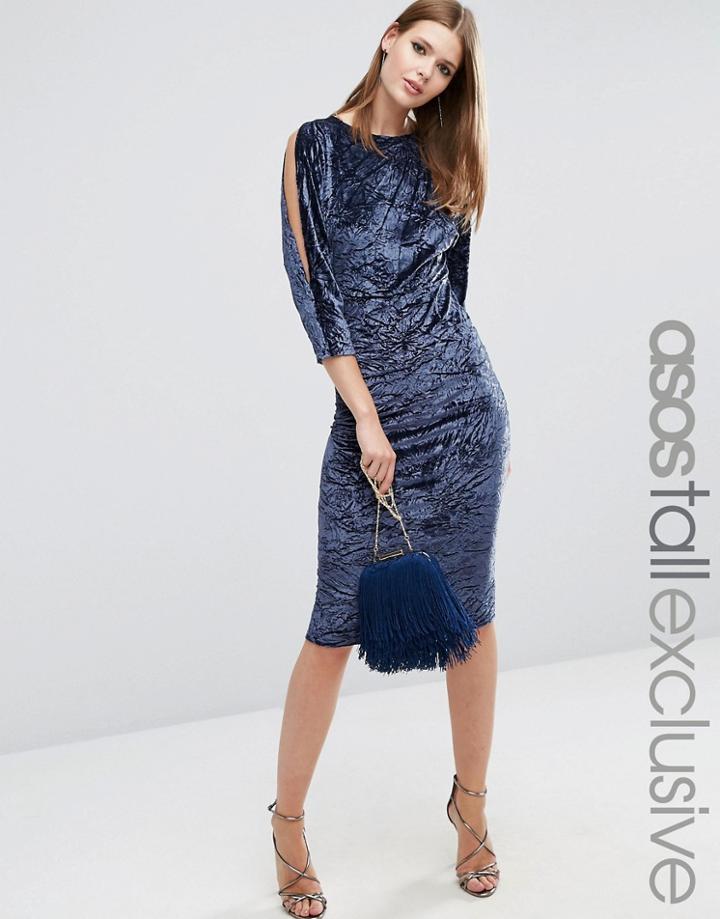 Asos Tall Exclusive Velvet Midi Bodycon With Cold Shoulder - Gray