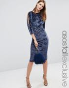 Asos Tall Exclusive Velvet Midi Bodycon With Cold Shoulder - Gray