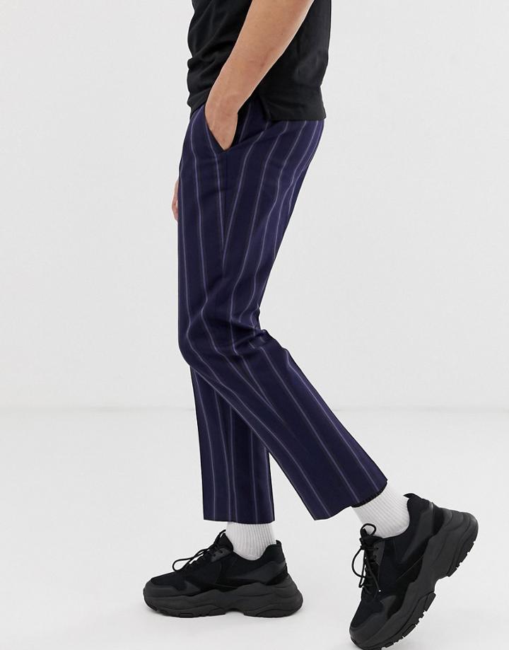 Asos Design Slim Crop Pants In Navy With Stripe - Navy