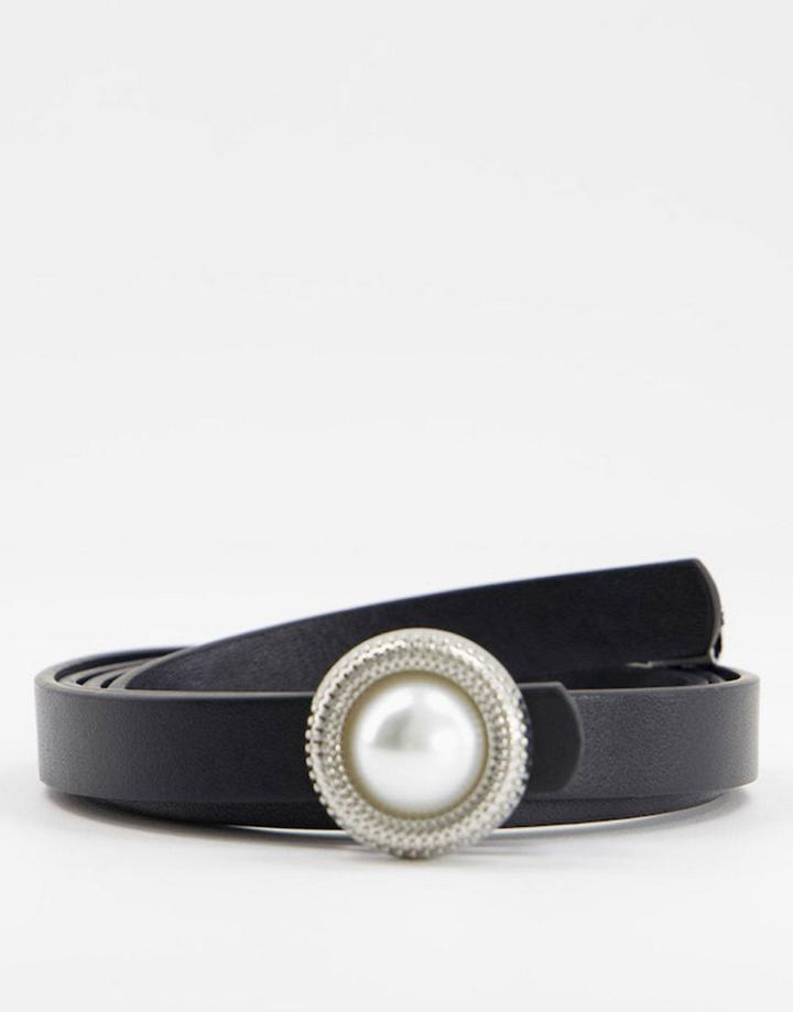 Asos Design Skinny Belt In Black Faux Leather With Pearl Detail