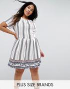 Yumi Plus Skater Dress In Vertical Stripe - White