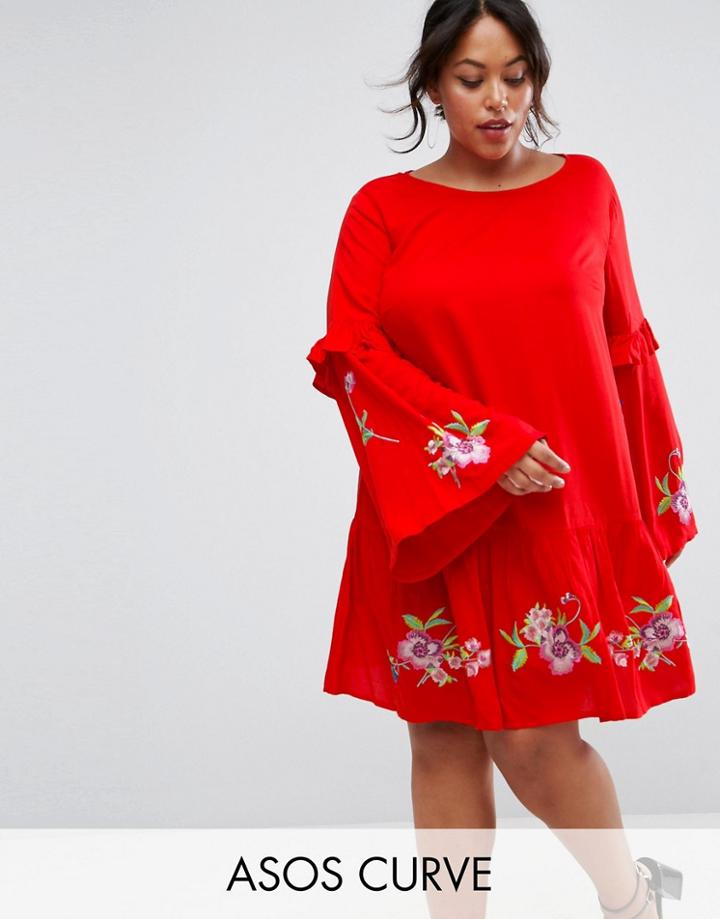 Asos Curve Ultimate Mini Embroidered Smock Dress - Red