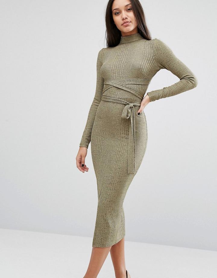 Lavish Alice Wrap Detail Midi Dress In Metallic Rib - Gold