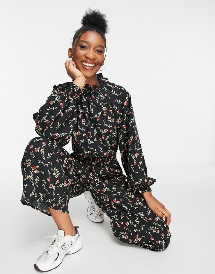 Asos Design Shirred Waist Ditsy Floral Frill Neck Jumpsuit-multi