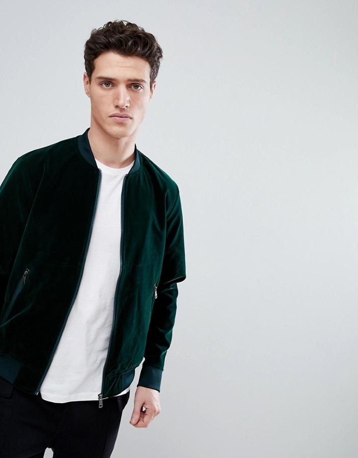 Brave Soul Velvet Black Bomber Jacket - Green