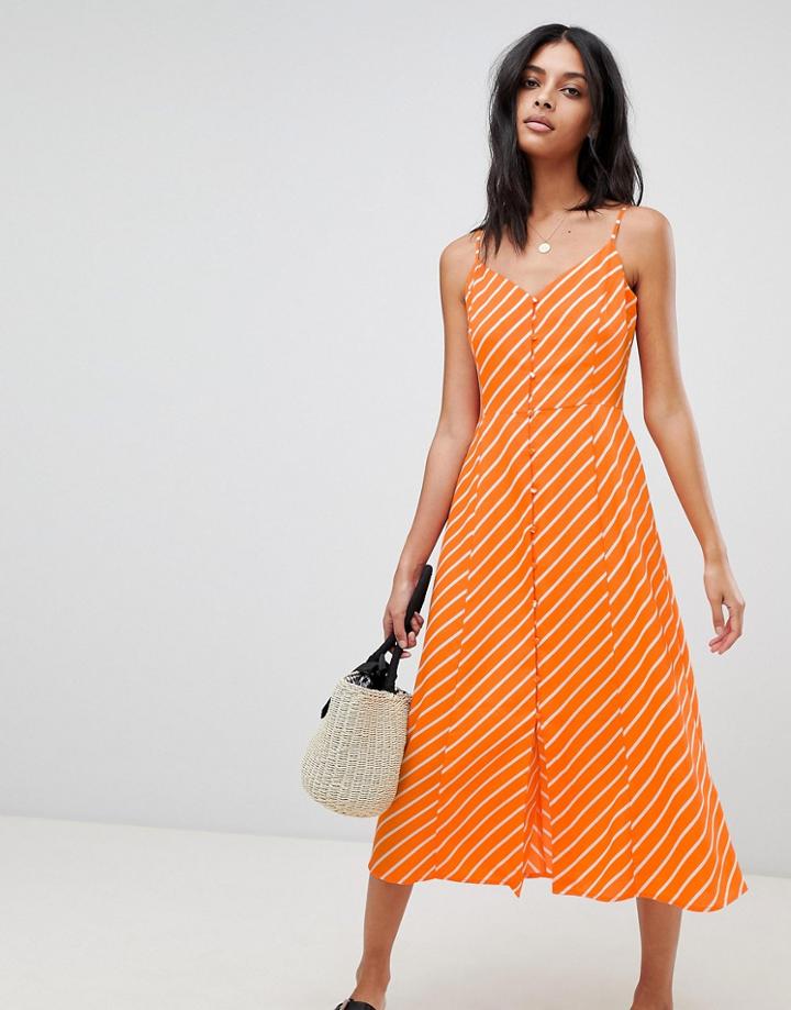 Warehouse Stripe Button Midi Dress - Orange