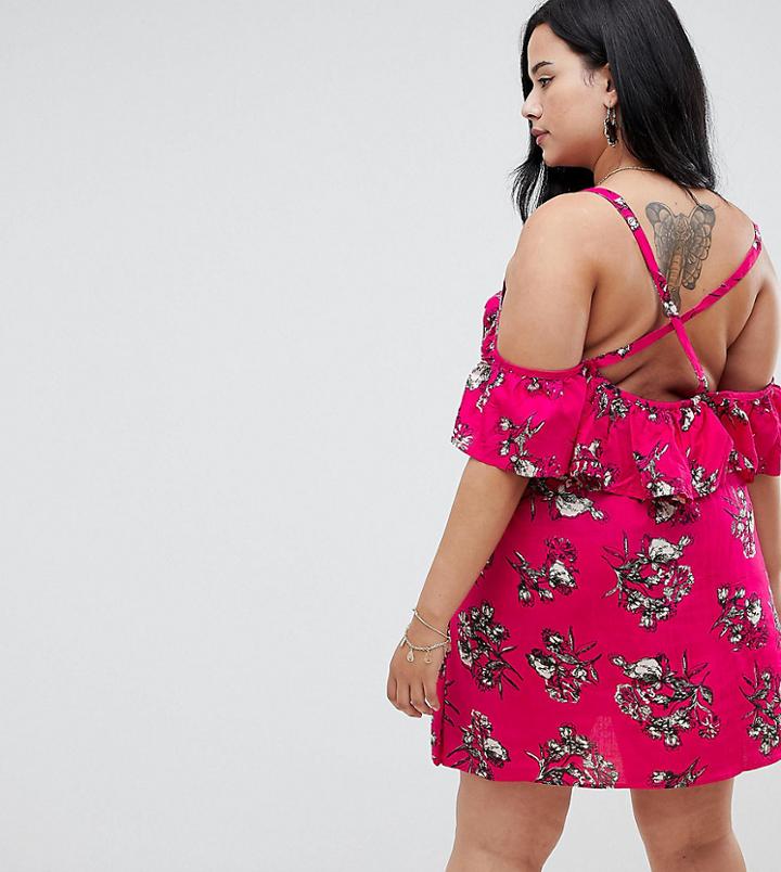 Nvme Floral Ruffle Dress With Cross Back - Red