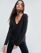 Asos V-neck Long Sleeve T-shirt In Linen Mix Fabric - Black