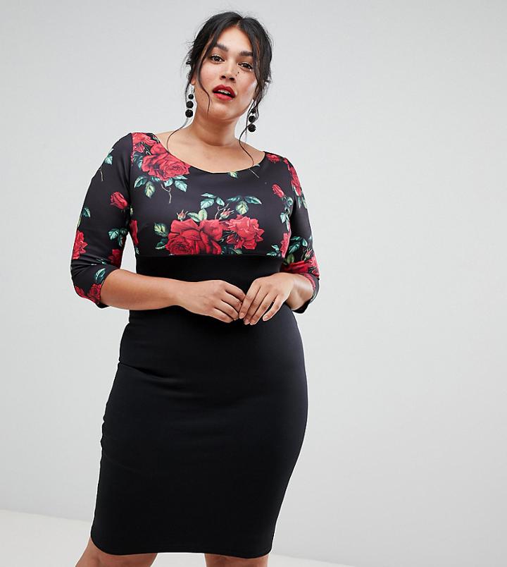 City Goddess Plus Floral Embroidery Pencil Shift Dress - Black