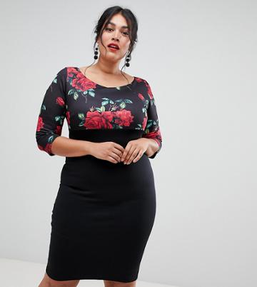 City Goddess Plus Floral Embroidery Pencil Shift Dress - Black