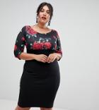 City Goddess Plus Floral Embroidery Pencil Shift Dress - Black