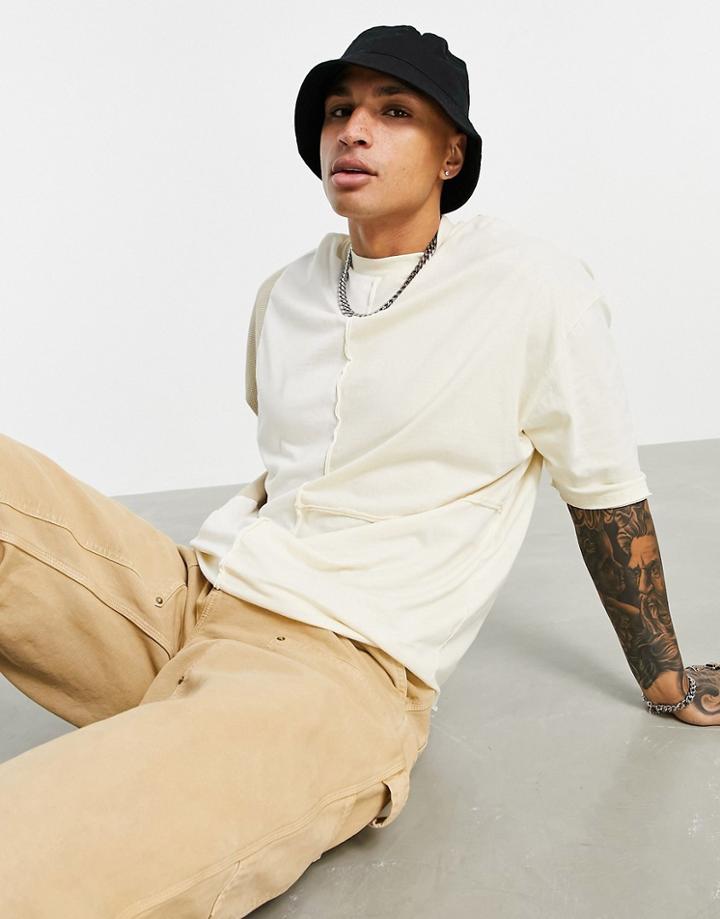 Asos Design Oversized T-shirt In Beige Waffle With Cut And Sew-neutral