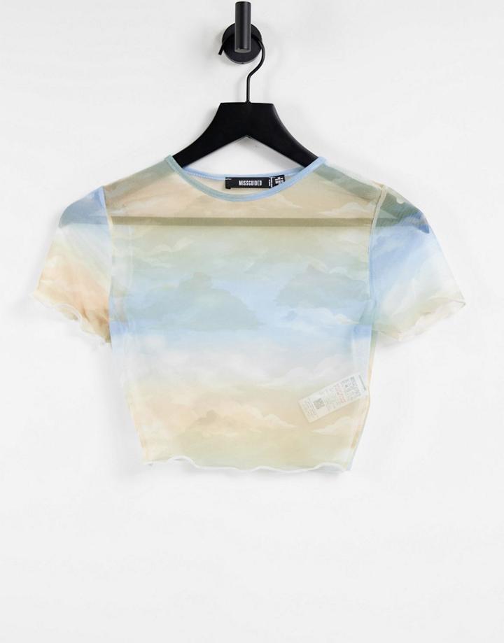 Missguided Sky Print Mesh Crop Top In Blue-multi