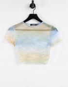 Missguided Sky Print Mesh Crop Top In Blue-multi